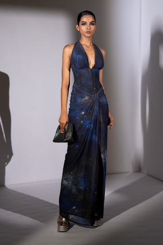 Blue galaxy printed corset bodycon dress