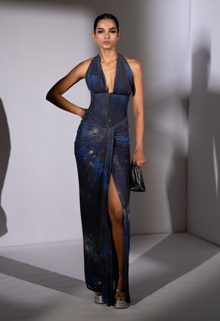 Blue galaxy printed corset bodycon dress
