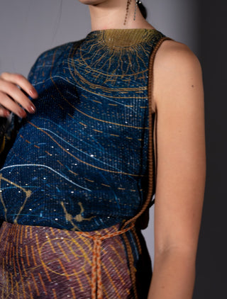 Blue galaxy placement print one shoulder dress