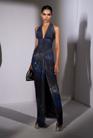 Blue galaxy printed corset bodycon dress