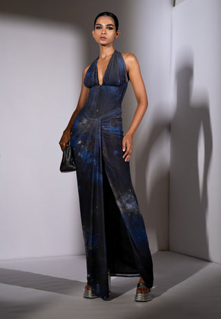 Blue galaxy printed corset bodycon dress