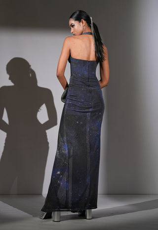 Blue galaxy printed corset bodycon dress