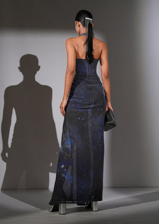 Blue galaxy printed corset bodycon dress