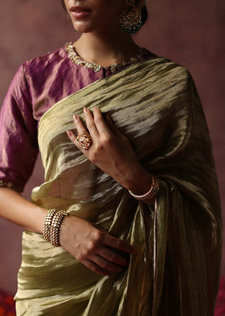 Begum Pret-Kalista Olive Sari And Blouse-INDIASPOPUP.COM