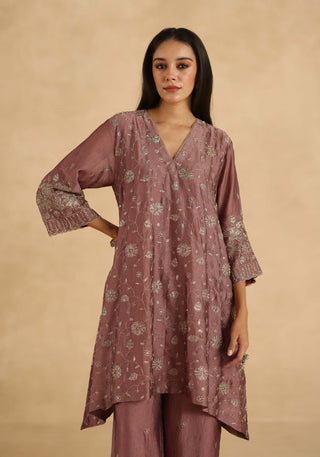 Mauve-rose polki farshi kurta and pants
