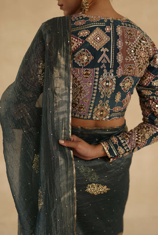 Blue gray veda sari with blouse