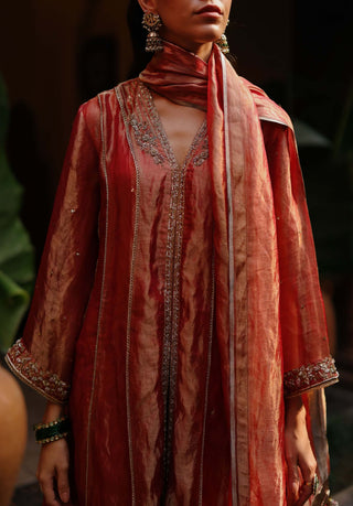 Raya Burnt Orange Kurta Set by Begum Pret available on Indiaspopup.com