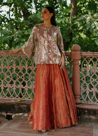 Zohra Peach Lehenga Set by Begum Pret available on Indiaspopup.com