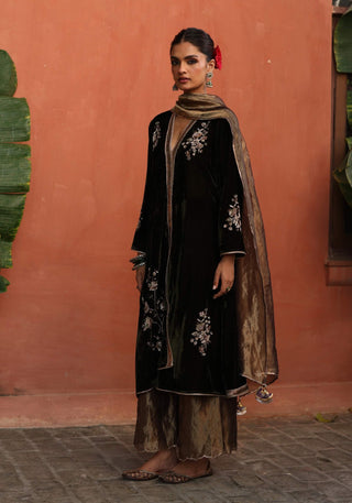 Maghai Olive Green Angrakha-Style Kurta Set by Begum Pret available on Indiaspopup.com