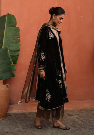 Maghai Olive Green Angrakha-Style Kurta Set by Begum Pret available on Indiaspopup.com