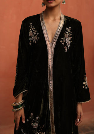 Maghai Olive Green Angrakha-Style Kurta Set by Begum Pret available on Indiaspopup.com