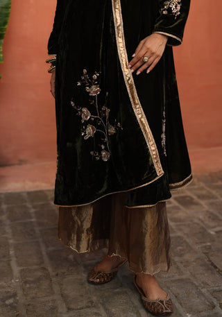 Maghai Olive Green Angrakha-Style Kurta Set by Begum Pret available on Indiaspopup.com