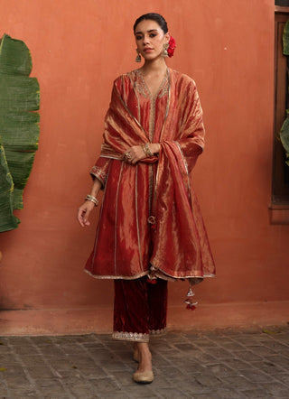 Raya Burnt Orange Kurta Set by Begum Pret available on Indiaspopup.com