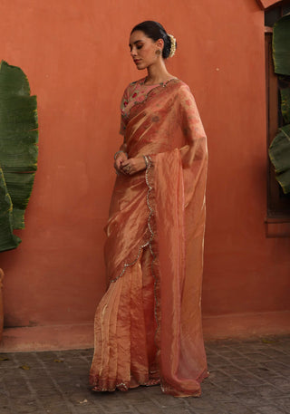 Gulkand Peach Sari And Brocade Blouse by Begum Pret available on Indiaspopup.com