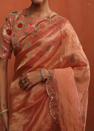 Gulkand Peach Sari And Brocade Blouse by Begum Pret available on Indiaspopup.com