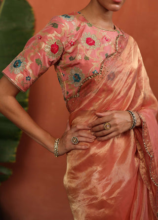 Gulkand Peach Sari And Brocade Blouse by Begum Pret available on Indiaspopup.com