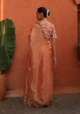 Gulkand Peach Sari And Brocade Blouse by Begum Pret available on Indiaspopup.com