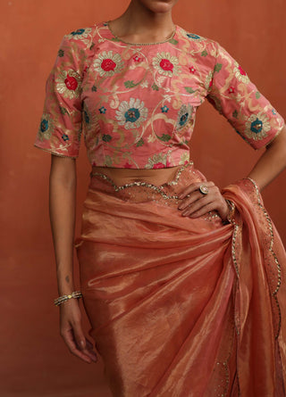 Gulkand Peach Sari And Brocade Blouse by Begum Pret available on Indiaspopup.com