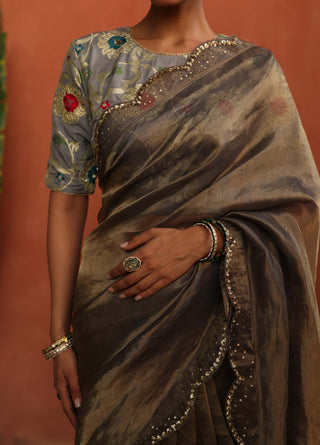 Gulkand Gray Sari And Brocade Blouse by Begum Pret available on Indiaspopup.com