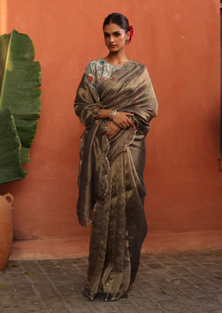 Gulkand Gray Sari And Brocade Blouse by Begum Pret available on Indiaspopup.com