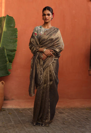 Gulkand Gray Sari And Brocade Blouse by Begum Pret available on Indiaspopup.com