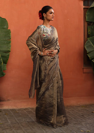 Gulkand Gray Sari And Brocade Blouse by Begum Pret available on Indiaspopup.com