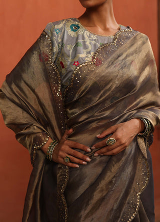 Gulkand Gray Sari And Brocade Blouse by Begum Pret available on Indiaspopup.com