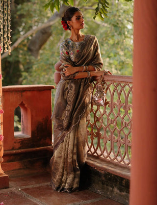 Gulkand Gray Sari And Brocade Blouse by Begum Pret available on Indiaspopup.com