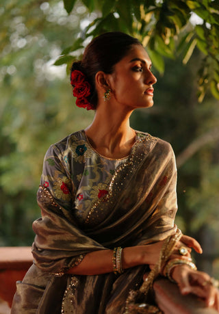 Gulkand Gray Sari And Brocade Blouse by Begum Pret available on Indiaspopup.com