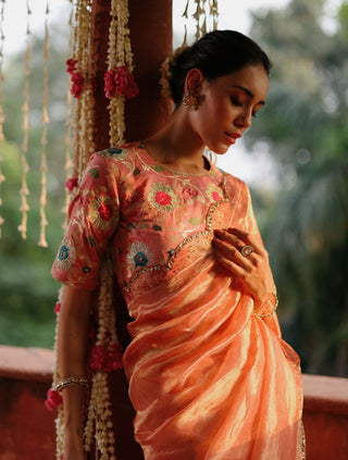 Gulkand Peach Sari And Brocade Blouse by Begum Pret available on Indiaspopup.com