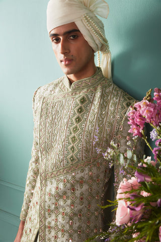 Bindani By Jigar And Nikita Men-Jade Sheen Sherwani Set-INDIASPOPUP.COM