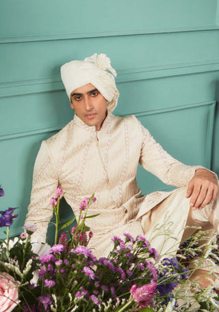 Bindani By Jigar And Nikita Men-Glacier White Sherwani Set-INDIASPOPUP.COM