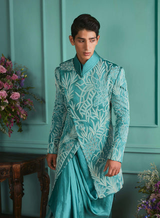 Bindani By Jigar And Nikita Men-Cameo Blue Sherwani Set-INDIASPOPUP.COM