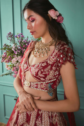 Bindani By Jigar And Nikita-Red Embroidered Lehenga Set-INDIASPOPUP.COM