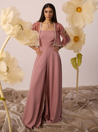 Roqa-Brassica Dusty Pink Jumpsuit And Cape-INDIASPOPUP.COM