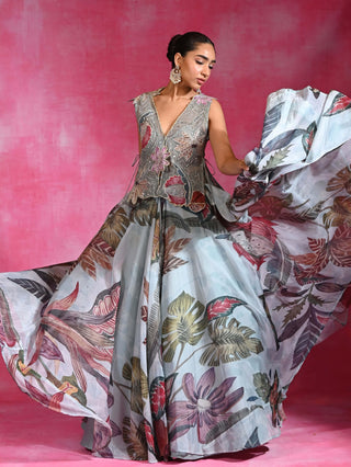 Icy blue layered lehenga and shrug set