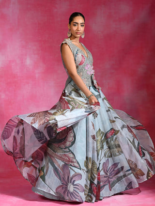 Icy blue layered lehenga and shrug set
