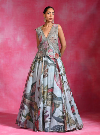 Icy blue layered lehenga and shrug set