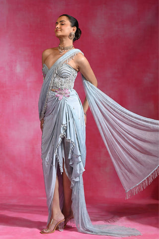 Icy blue corset drape sari and corset