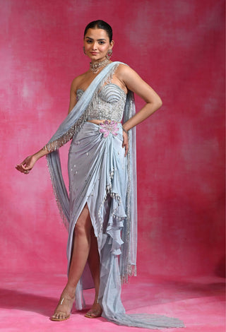 Icy blue corset drape sari and corset