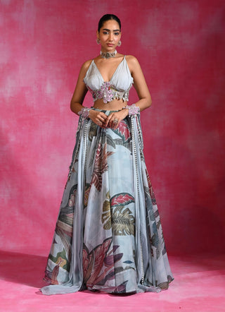 Icy blue printed lehenga and cape set