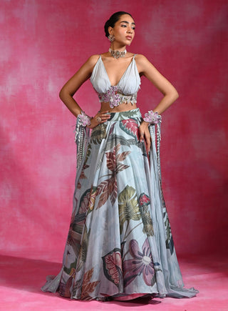 Icy blue printed lehenga and cape set