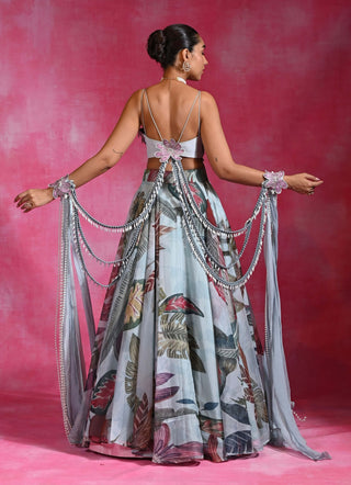 Icy blue printed lehenga and cape set