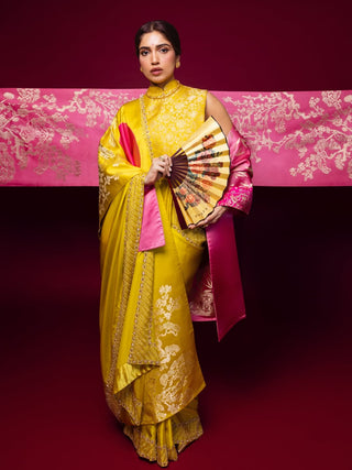 Yellow ochre mashroo silk sari