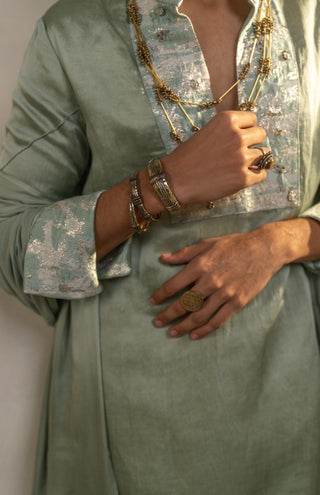 Mint green linen silk kurta set with dupatta