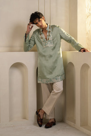 Mint green linen silk kurta set with dupatta