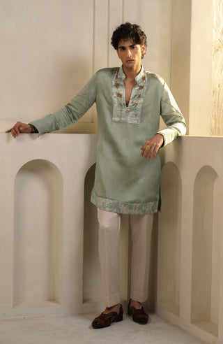Mint green linen silk kurta set with dupatta