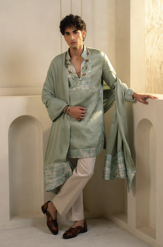 Mint green linen silk kurta set with dupatta