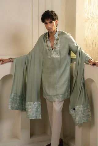 Mint green linen silk kurta set with dupatta