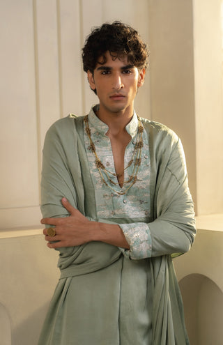 Mint green linen silk kurta set with dupatta
